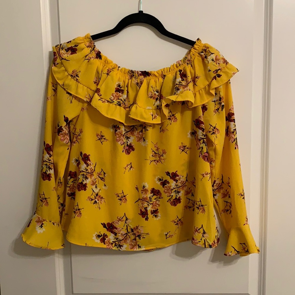 Yellow, long sleeve, ruffled blouse, off the shoulder.
